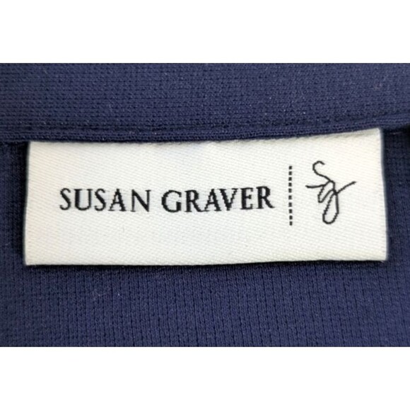 Susan Graver Size 12 Ponte Knit Blue Blazer with Black Faux Leather Trim Career - Picture 4 of 16